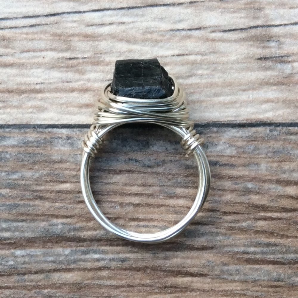 Raw Black Tourmaline ring, Sterling Silver, Black gemstone ring